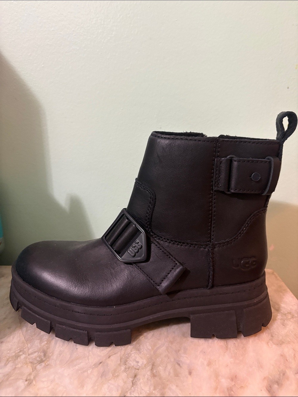 UGG Black Leather Combat Moto Boot